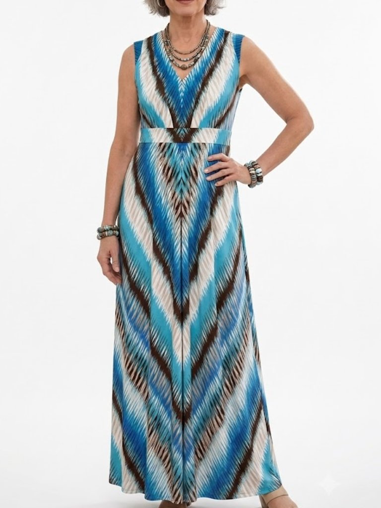 Chico's New Sleeveless Blue White V-Neck Chevron Jasmina Maxi Dress, Sz 1 (M)